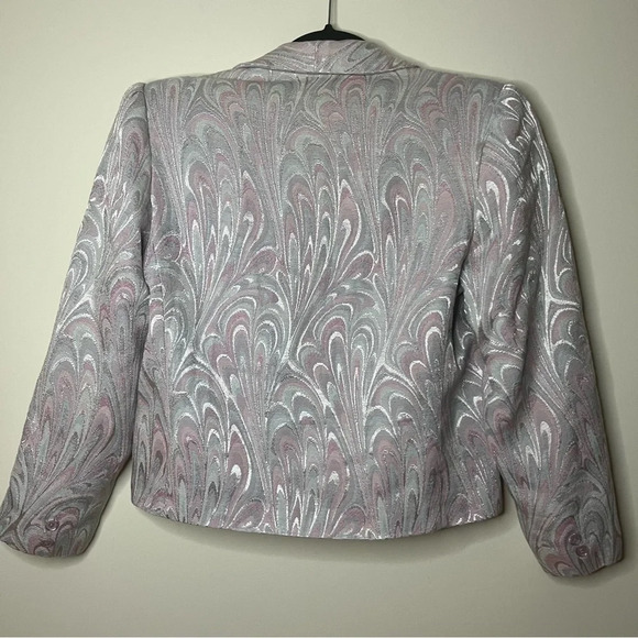 VINTAGE 80s Shoulder Padded Cropped Oil Spill Metallic Pink Blazer - Picture 6 of 7